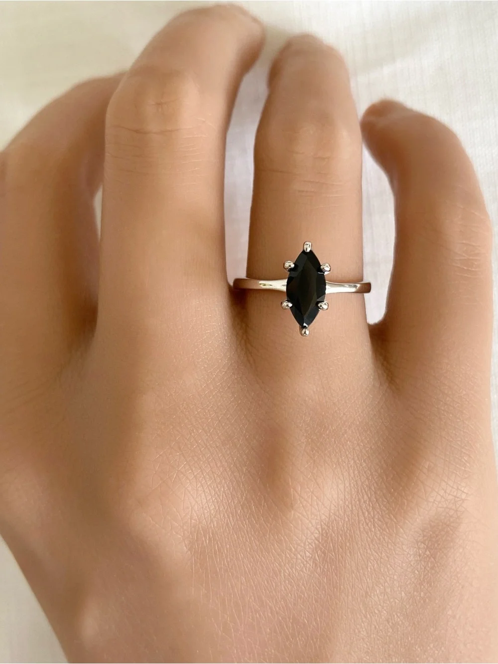 Black CZ Marquise Cut Solid Sterling Silver Women’s Solitaire Stackable Ring